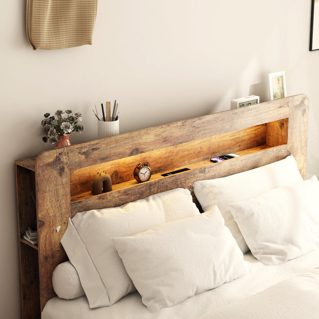 Full Size Dark Brown Wood Platform Bed Frame with Storage A561562