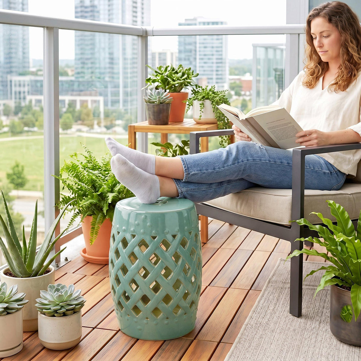 Ceramic Garden Stool Outdoor Stool Green T272463