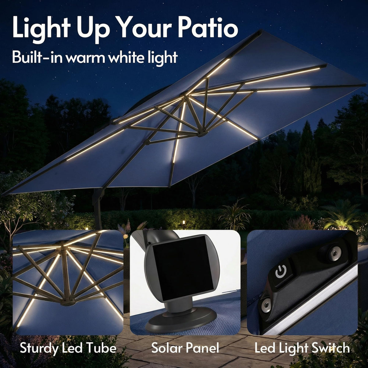 11x11ft Solar Powered Led Cantilever Umbrella with Base J9512