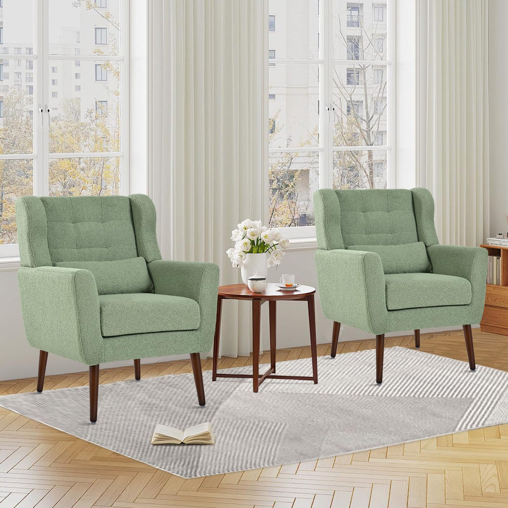 Green Teddy Upholstered Armchair Set of 2 with Lumbar Pillow G3395
