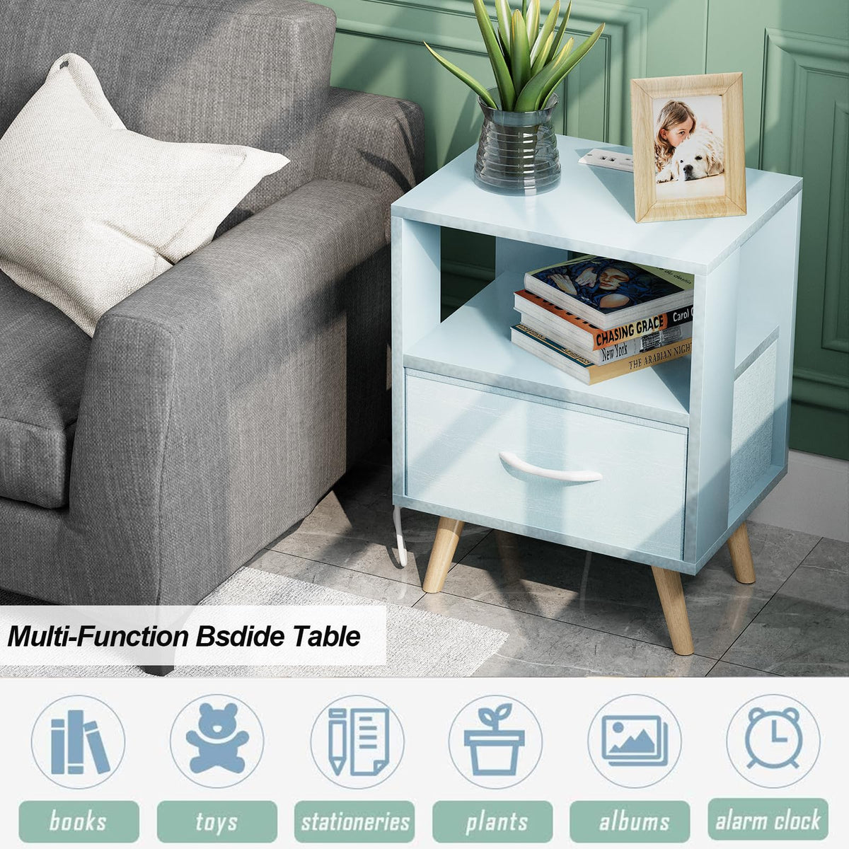 Blue Nightstand with Charging Station, 2-Tier Wooden Bedside Table O940518
