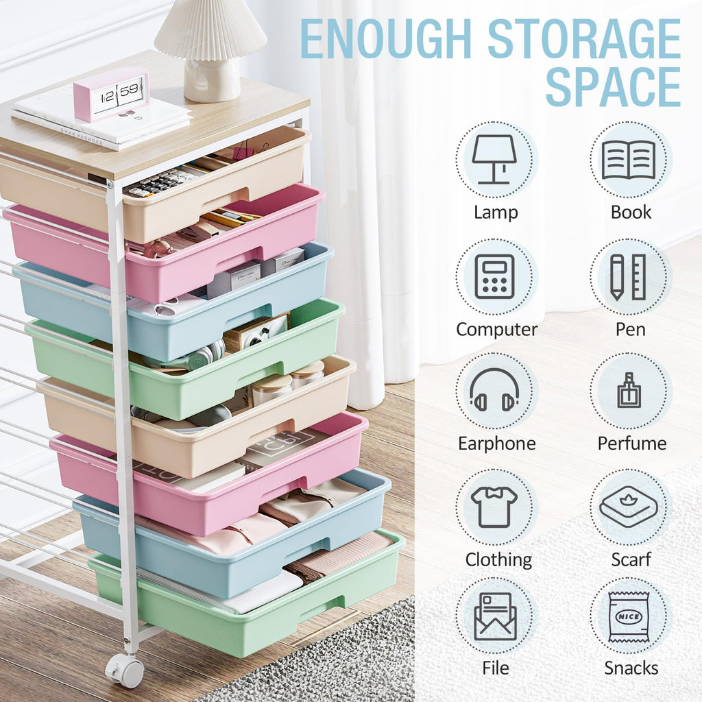 Rolling Storage Cart with 8 Drawers and Wooden Tabletop U403