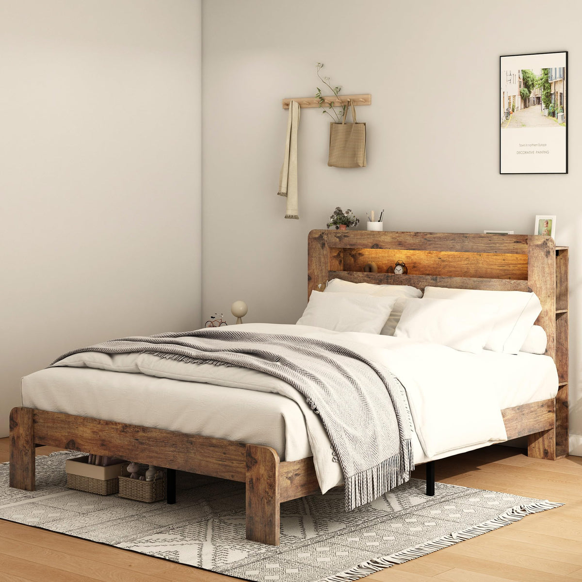 Full Size Dark Brown Wood Platform Bed Frame with Storage A561562