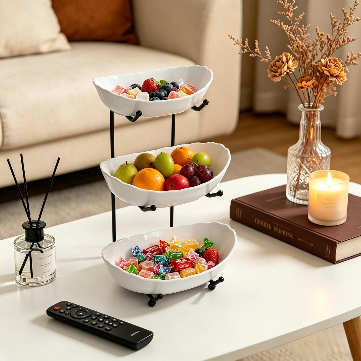 3 Tier Ceramic Fruit Bowl with Metal Stand X44853
