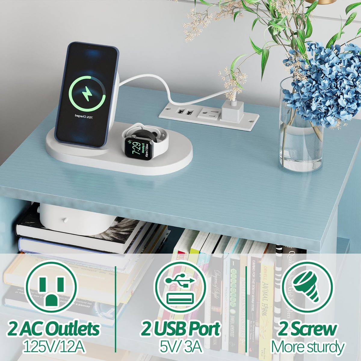 Blue Nightstand with Charging Station, 2-Tier Wooden Bedside Table O940518