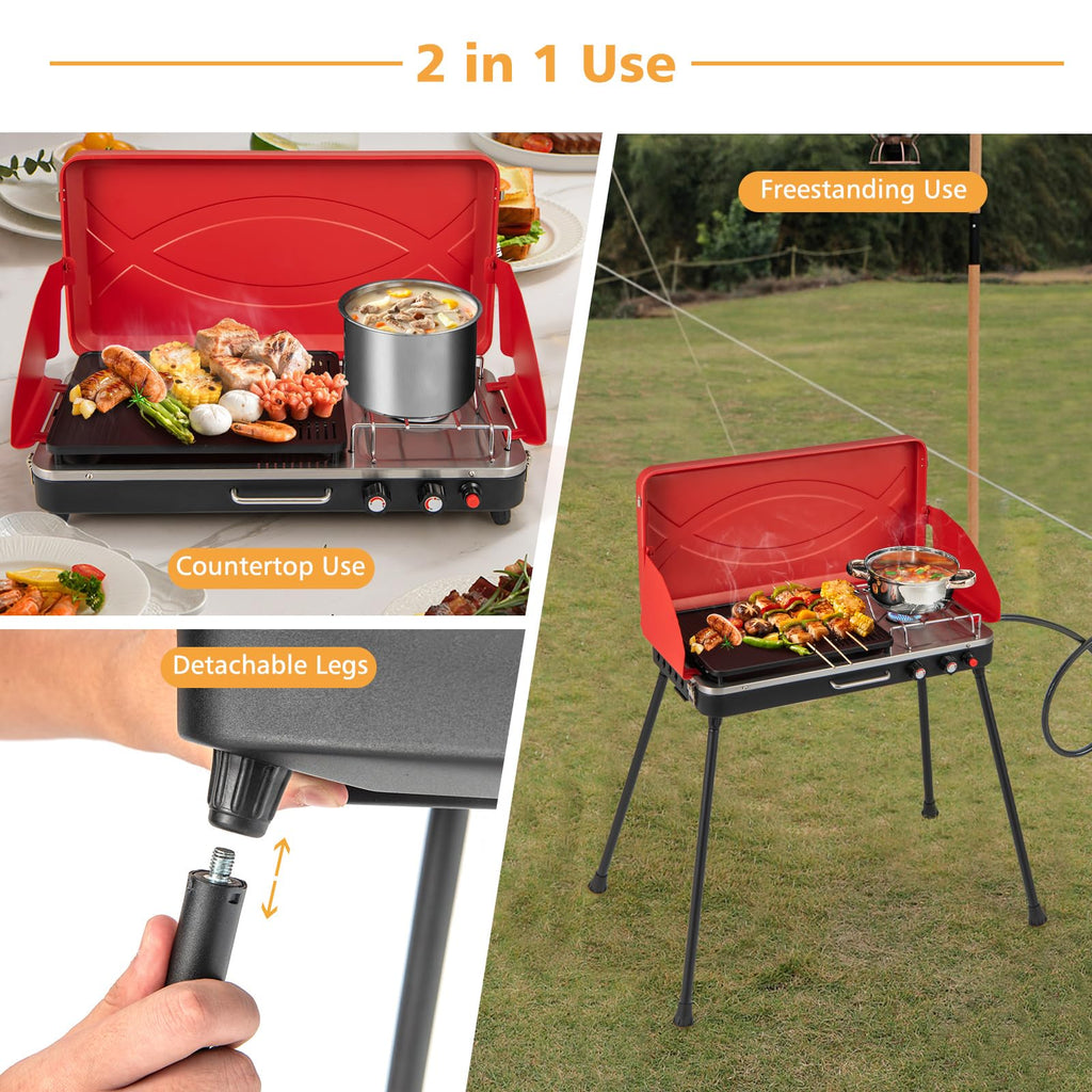 Portable Gas Grill 20000 BTU Camping Stove Burner with 2 Cooking Area Red Q69181