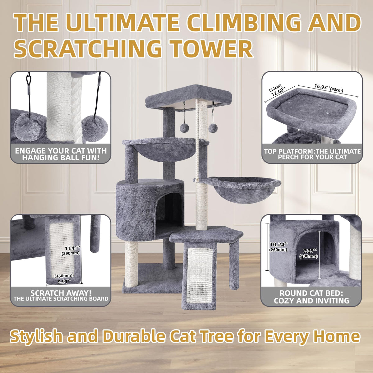 Grey Three Layer Cat Tree with Condo and Hammocks F946