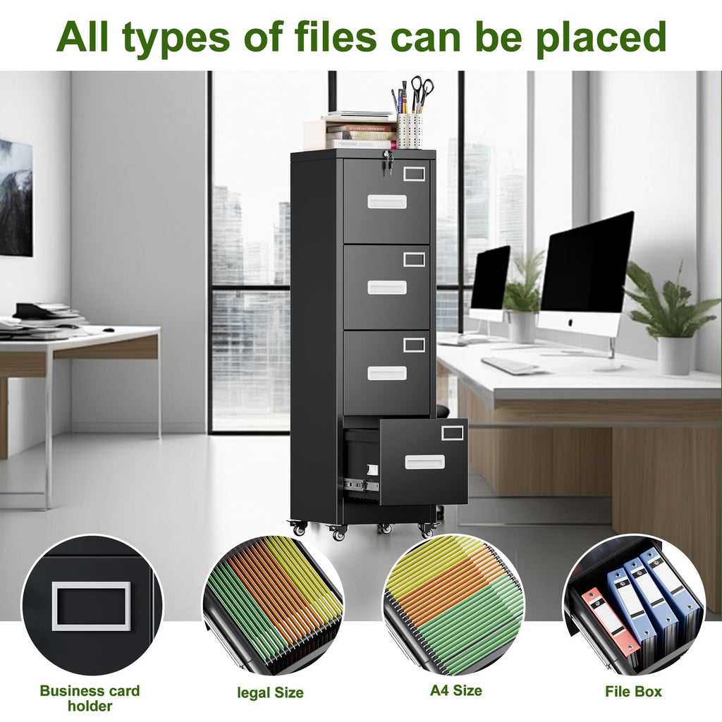 4 Drawer Black Metal File Cabinet with Lock and Wheels G620655