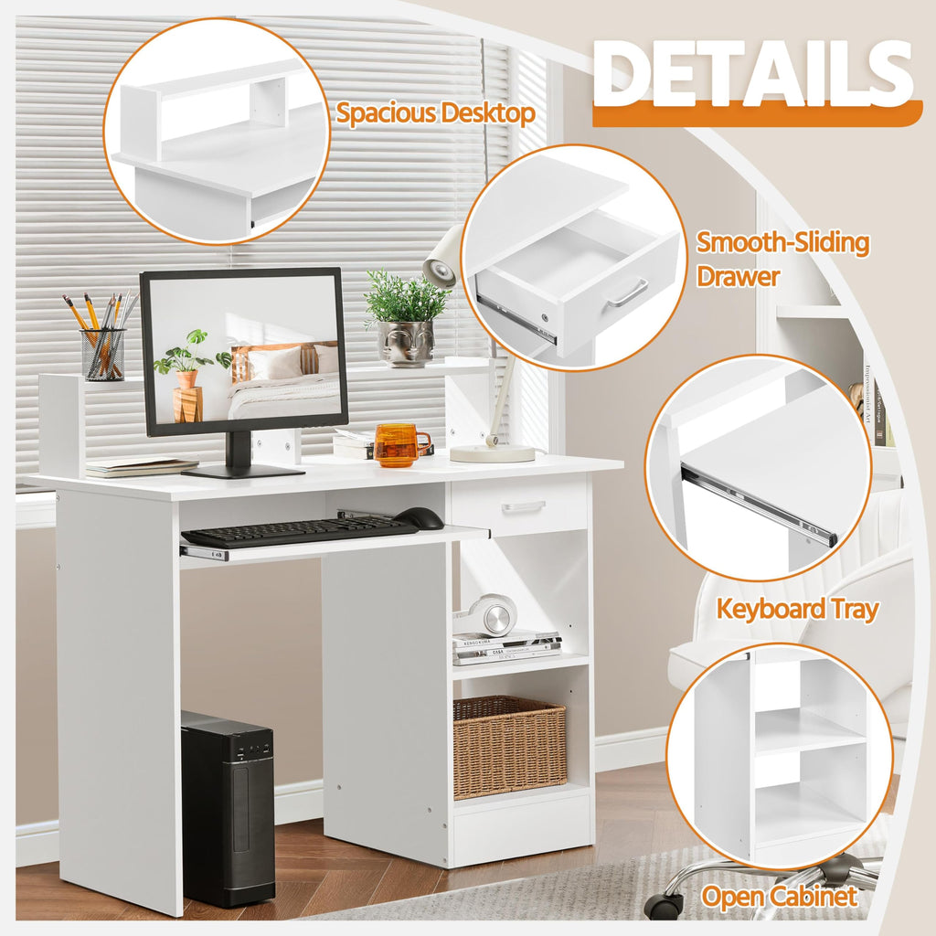 White Computer Desk with Keyboard Tray, Drawers, and Shelves W50329