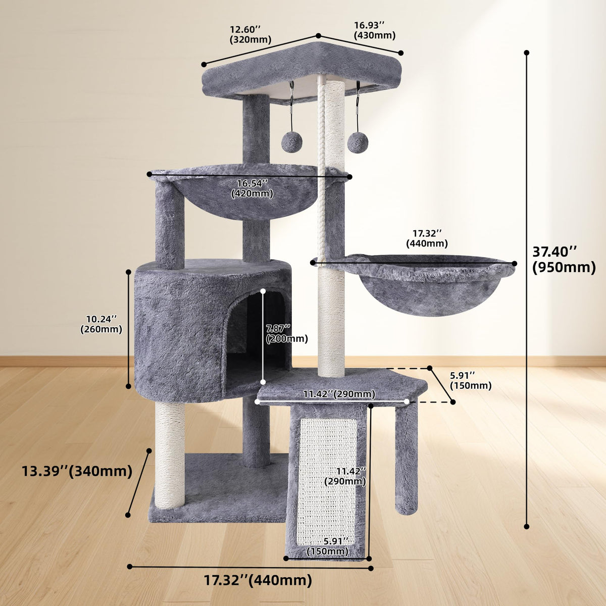 Grey Three Layer Cat Tree with Condo and Hammocks F946
