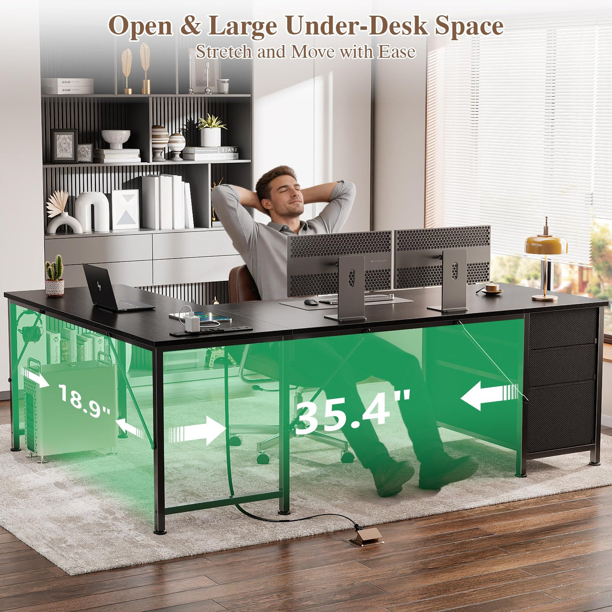 63" L Shaped Computer Desk with Outlets Black E1920