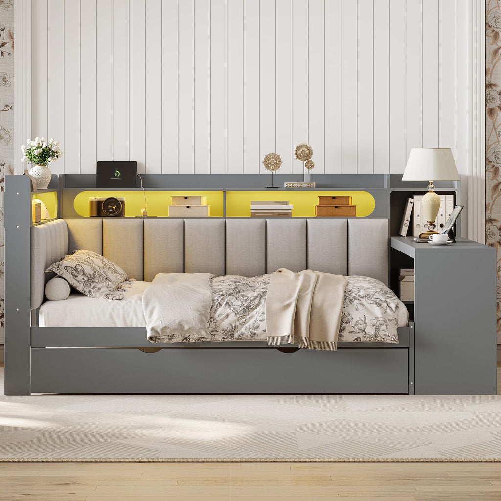 Grey Full Size L-Shaped Corner Bed with Trundle and Desk R53895