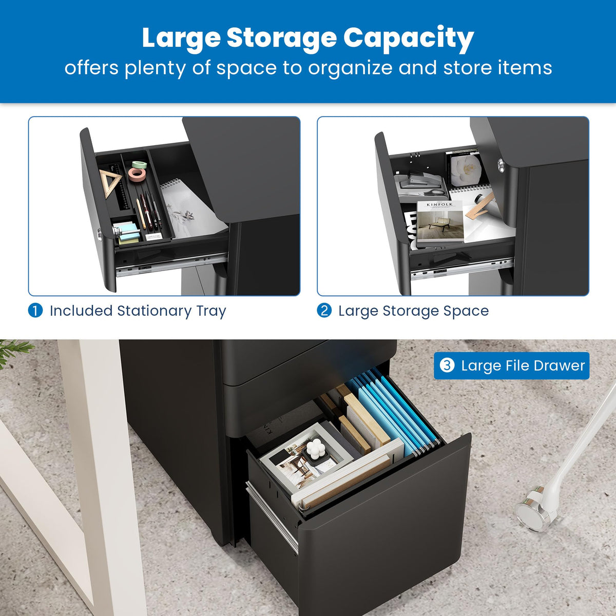 Black 3 Drawer Rolling File Cabinet with Lock V977460