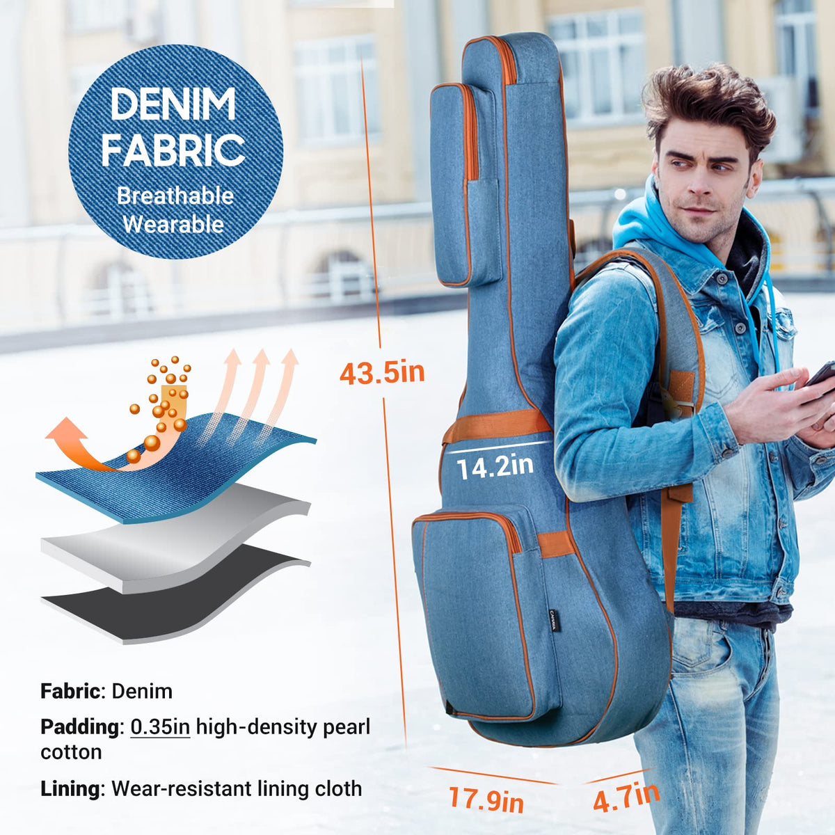 0.35inch Padded Soft Denim Guitar Gig Bag with Storage Pockets K541