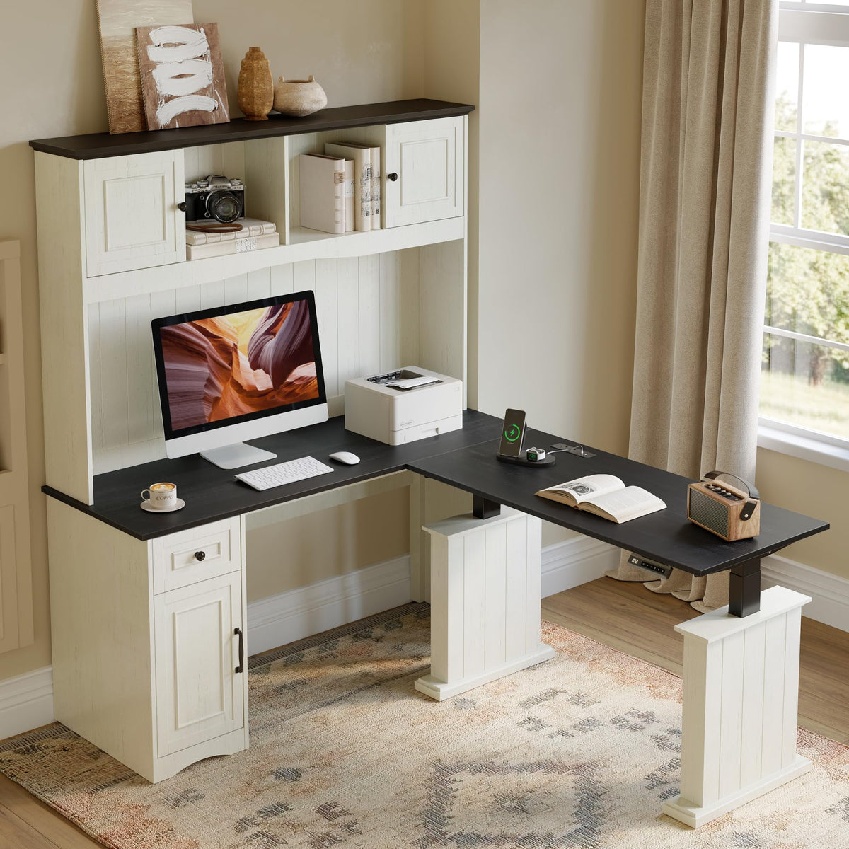 L Shaped Electric Standing Desk with Hutch and Drawers L6768
