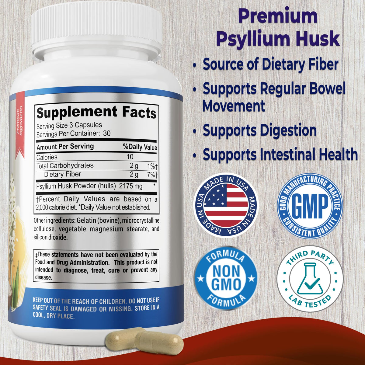 Psyllium Husk Dietary Fiber Supplement 2175mg 90 Capsules A95670