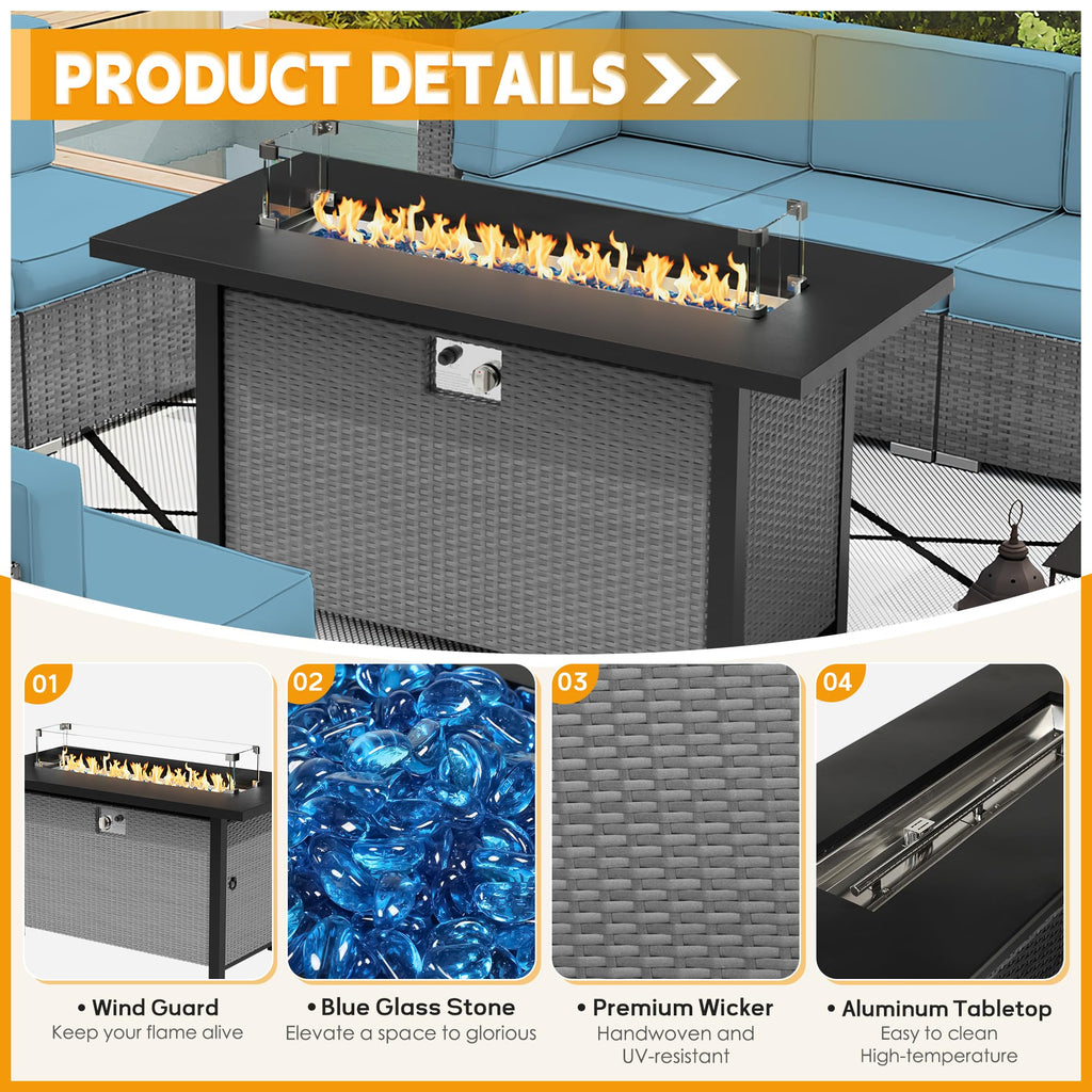 8 Piece Grey PE Wicker Patio Sectional Sofa Set with Fire Pit Table H25597