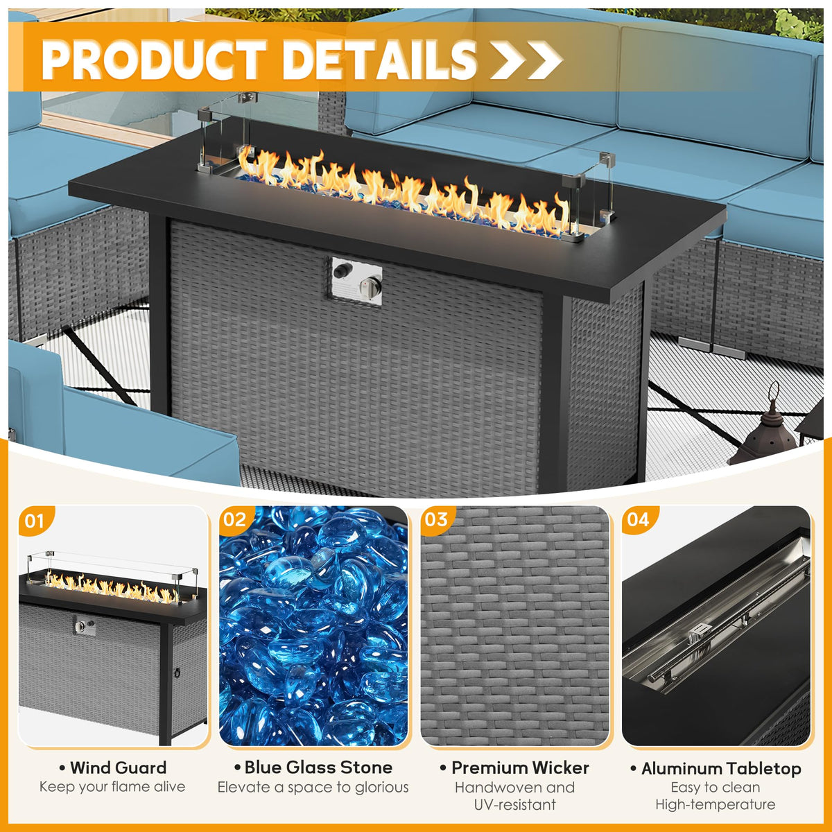 8 Piece Grey PE Wicker Patio Sectional Sofa Set with Fire Pit Table H25597