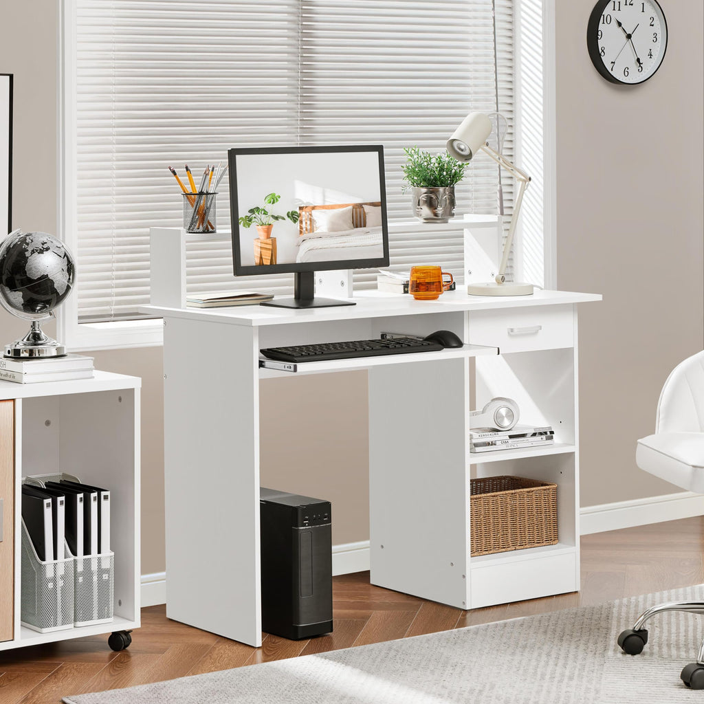 White Computer Desk with Keyboard Tray, Drawers, and Shelves W50329