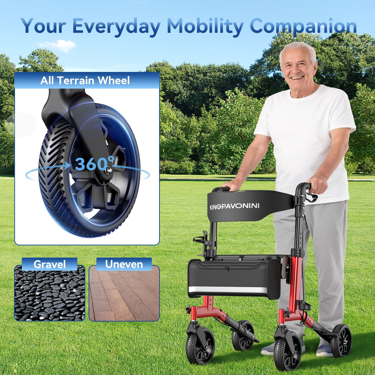 Foldable Rollator Walker with Seat, 380 lbs, Red O715