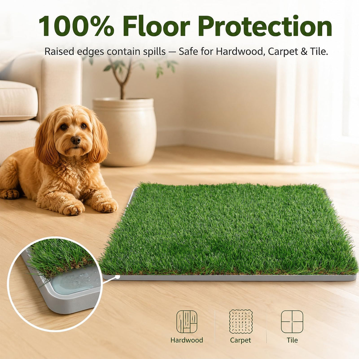 Dog Grass Pad with Tray 20" x 24" Artificial Grass Pee Pads with Non-Slip Grey Silicone Tray & 2 Replacement Grass Mats U513