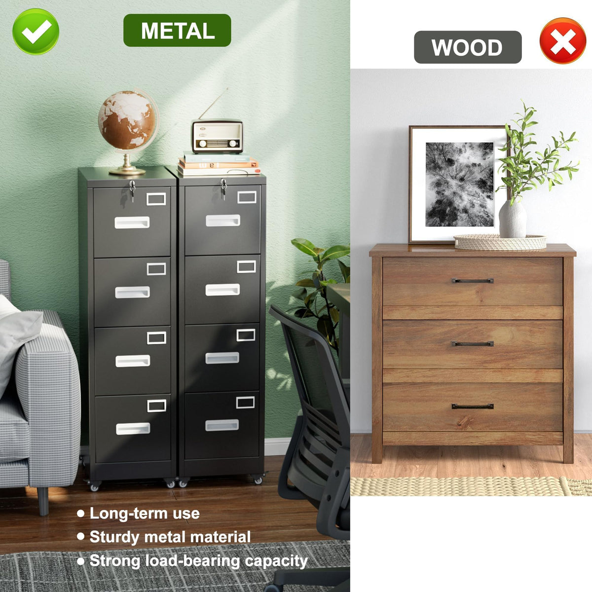 4 Drawer Black Metal File Cabinet with Lock and Wheels G620655