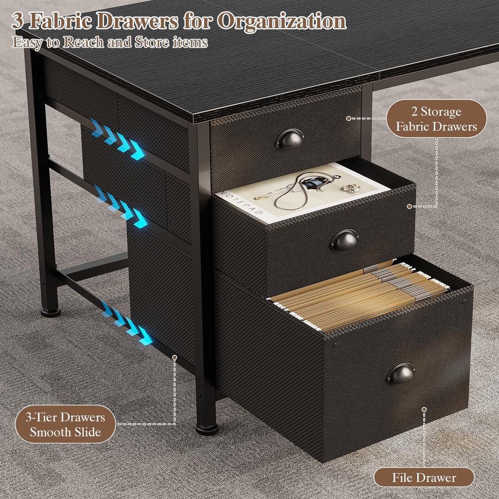 63" L Shaped Computer Desk with Outlets Black E1920