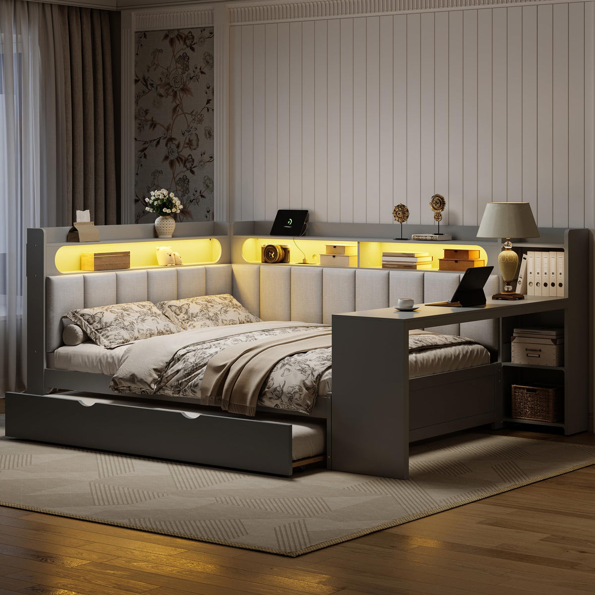 Grey Full Size L-Shaped Corner Bed with Trundle and Desk R53895