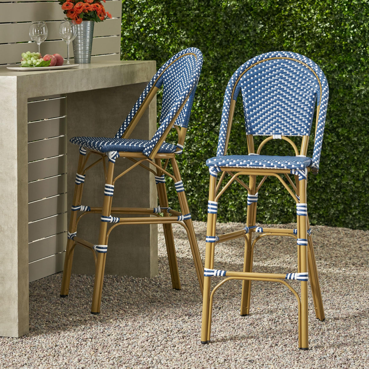 29.5" Outdoor PE Rattan Bar Stool, Dark Teal and White, Set of 2 K4432