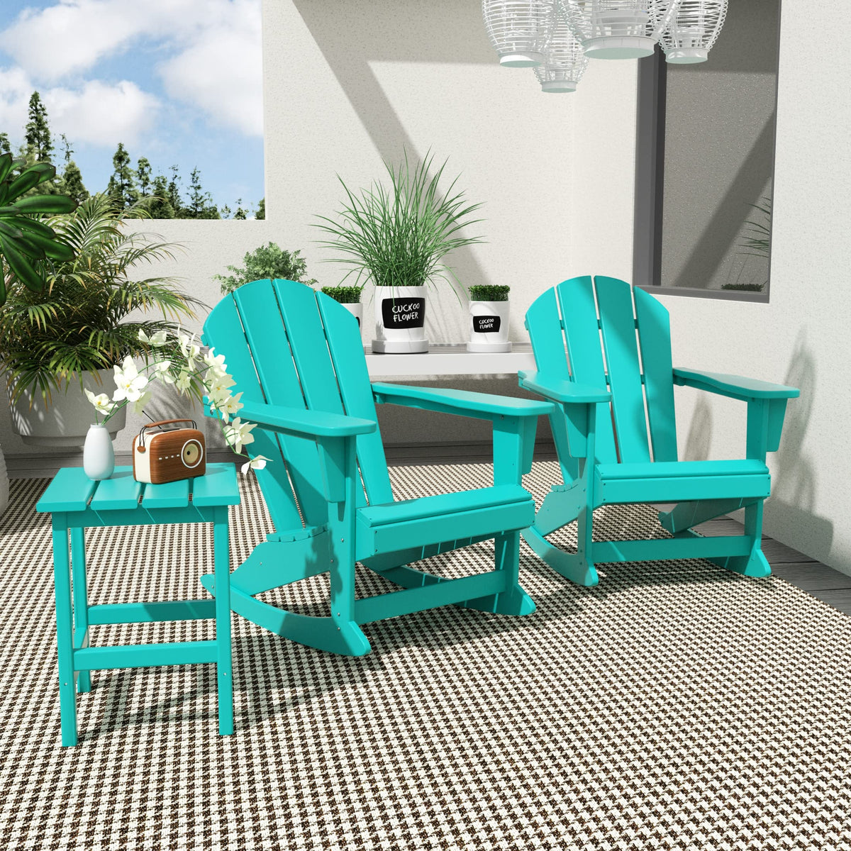 HDPE Turquoise Poly Adirondack Rocking Chair 3-Piece Set with Side Table P958