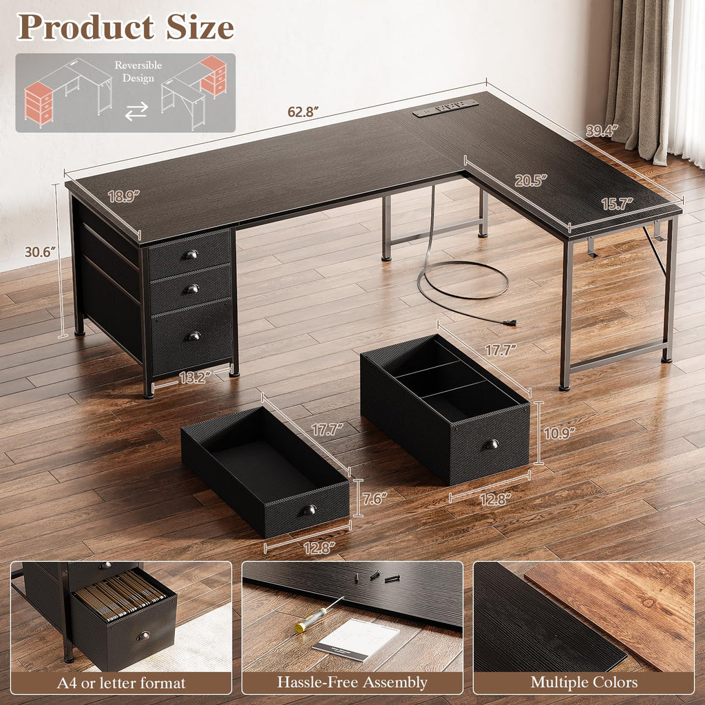 63" L Shaped Computer Desk with Outlets Black E1920