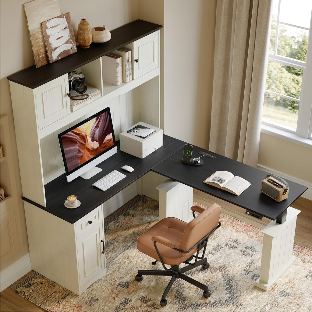 L Shaped Electric Standing Desk with Hutch and Drawers L6768