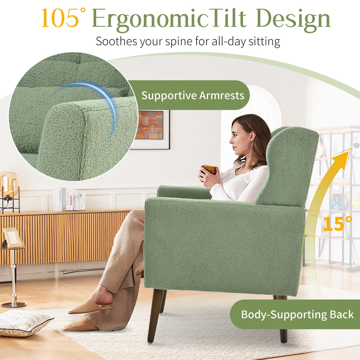 Green Teddy Upholstered Armchair Set of 2 with Lumbar Pillow G3395