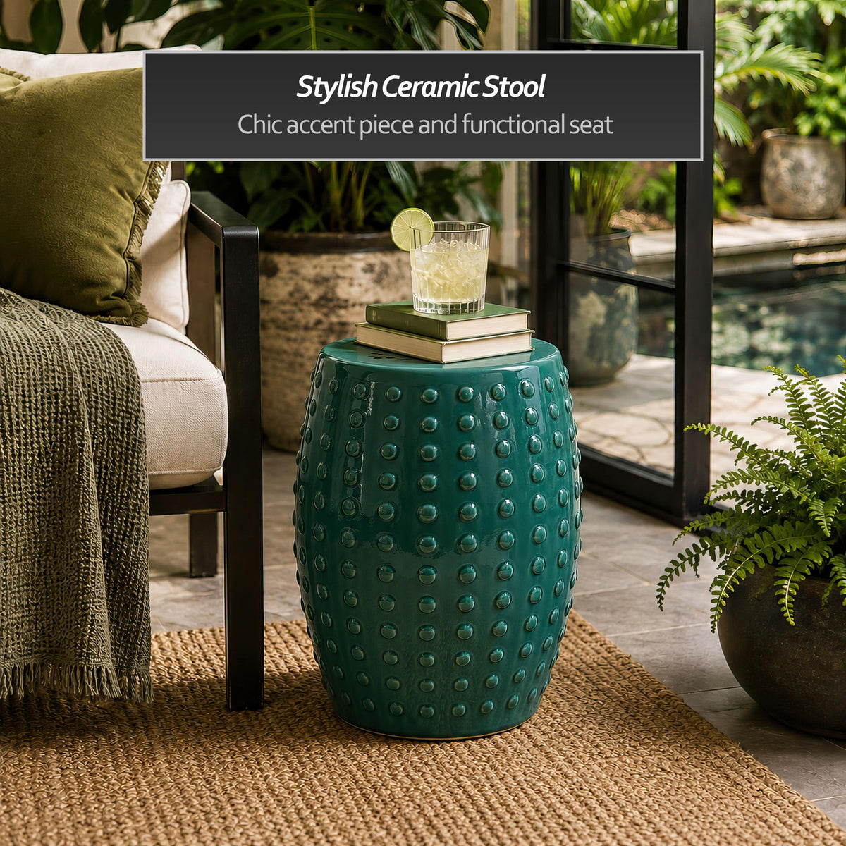 18" Blue-Green Porcelain Garden Stool O249708