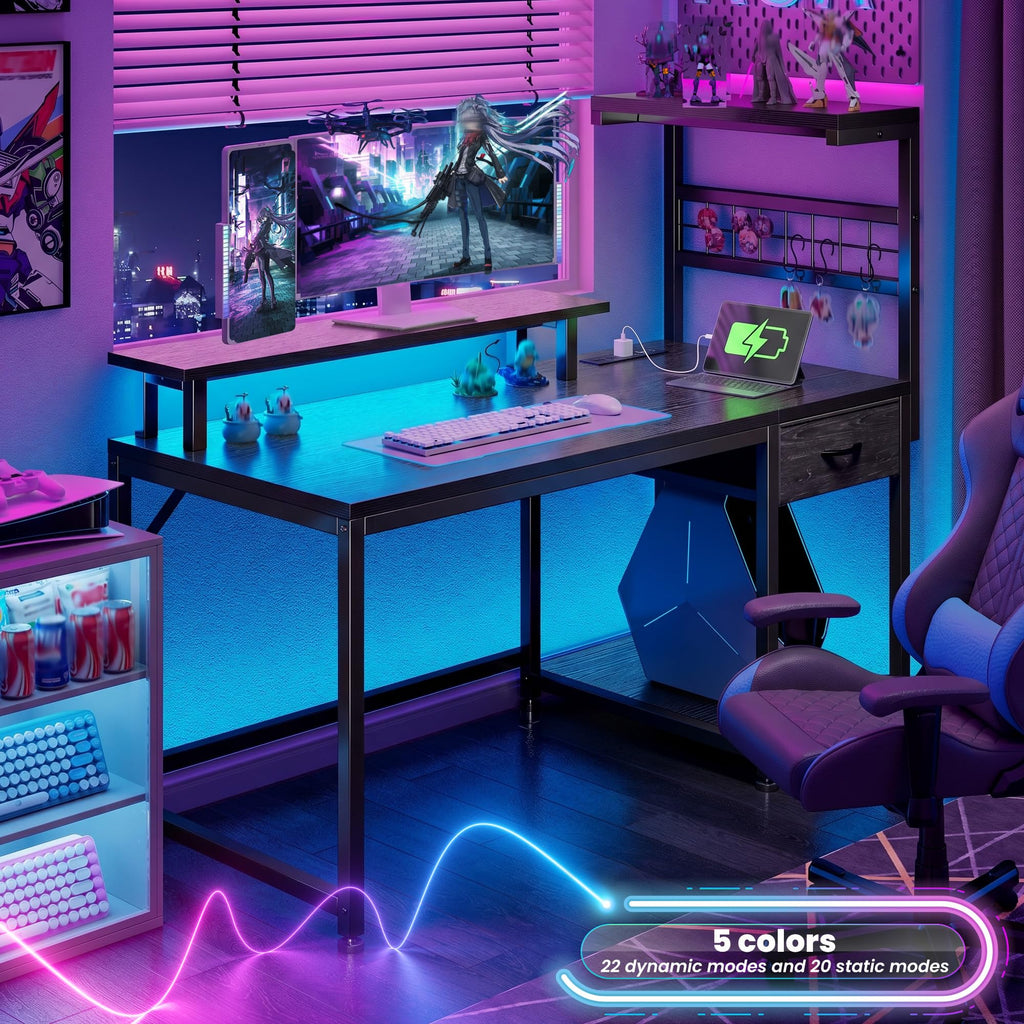 40" Gaming Desk with LED Lights & Power Outlets, Black Q5972