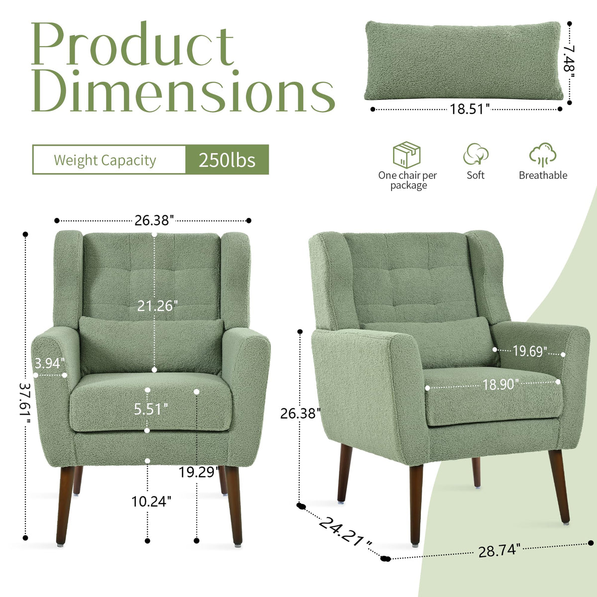 Green Teddy Upholstered Armchair Set of 2 with Lumbar Pillow G3395