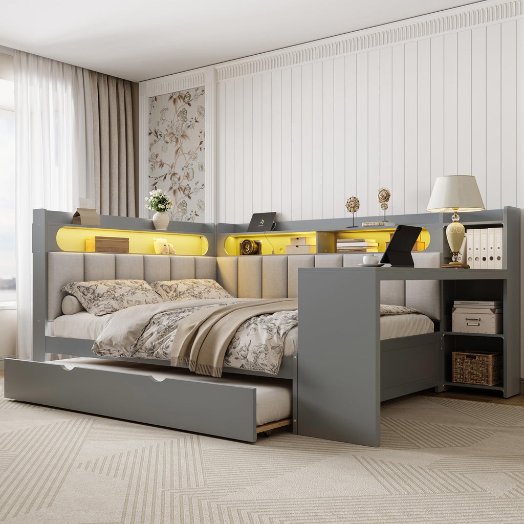 Grey Full Size L-Shaped Corner Bed with Trundle and Desk R53895