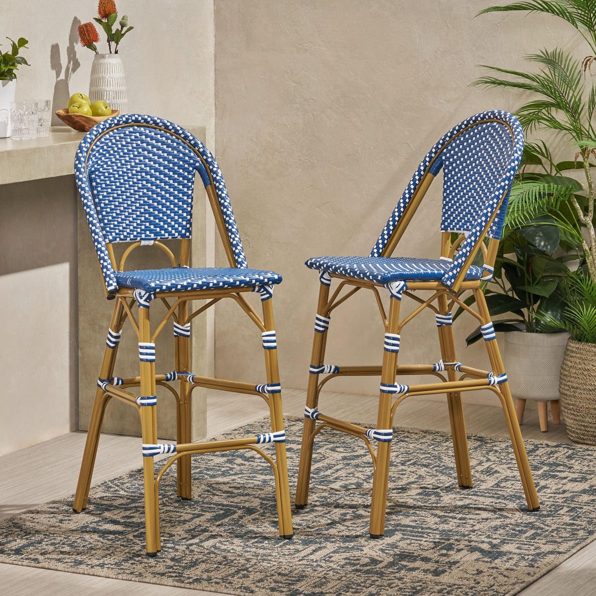 29.5" Outdoor PE Rattan Bar Stool, Dark Teal and White, Set of 2 K4432