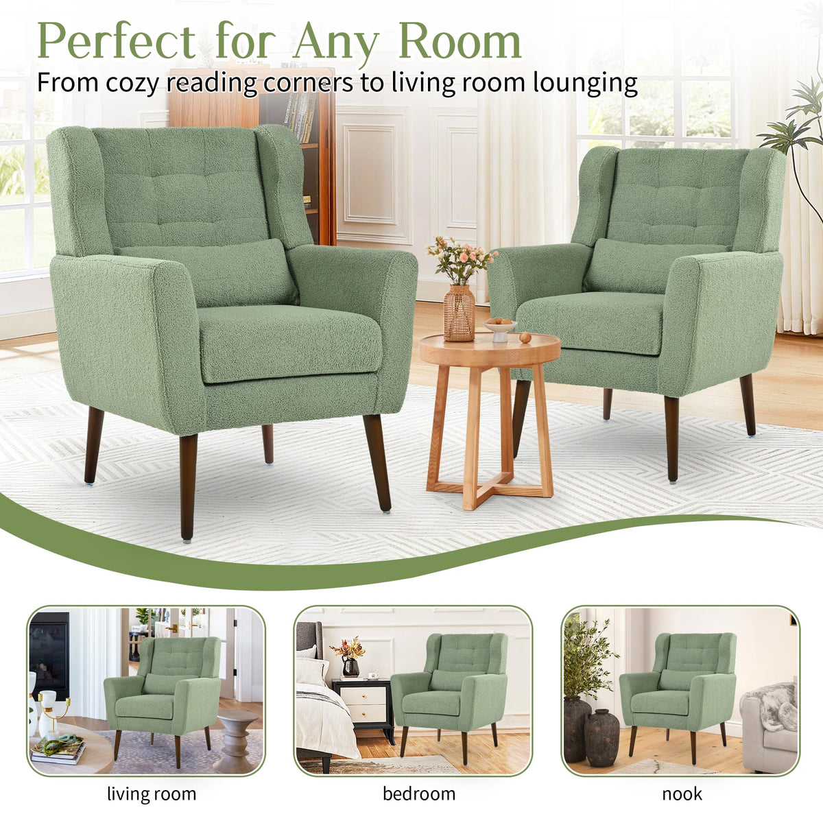 Green Teddy Upholstered Armchair Set of 2 with Lumbar Pillow G3395