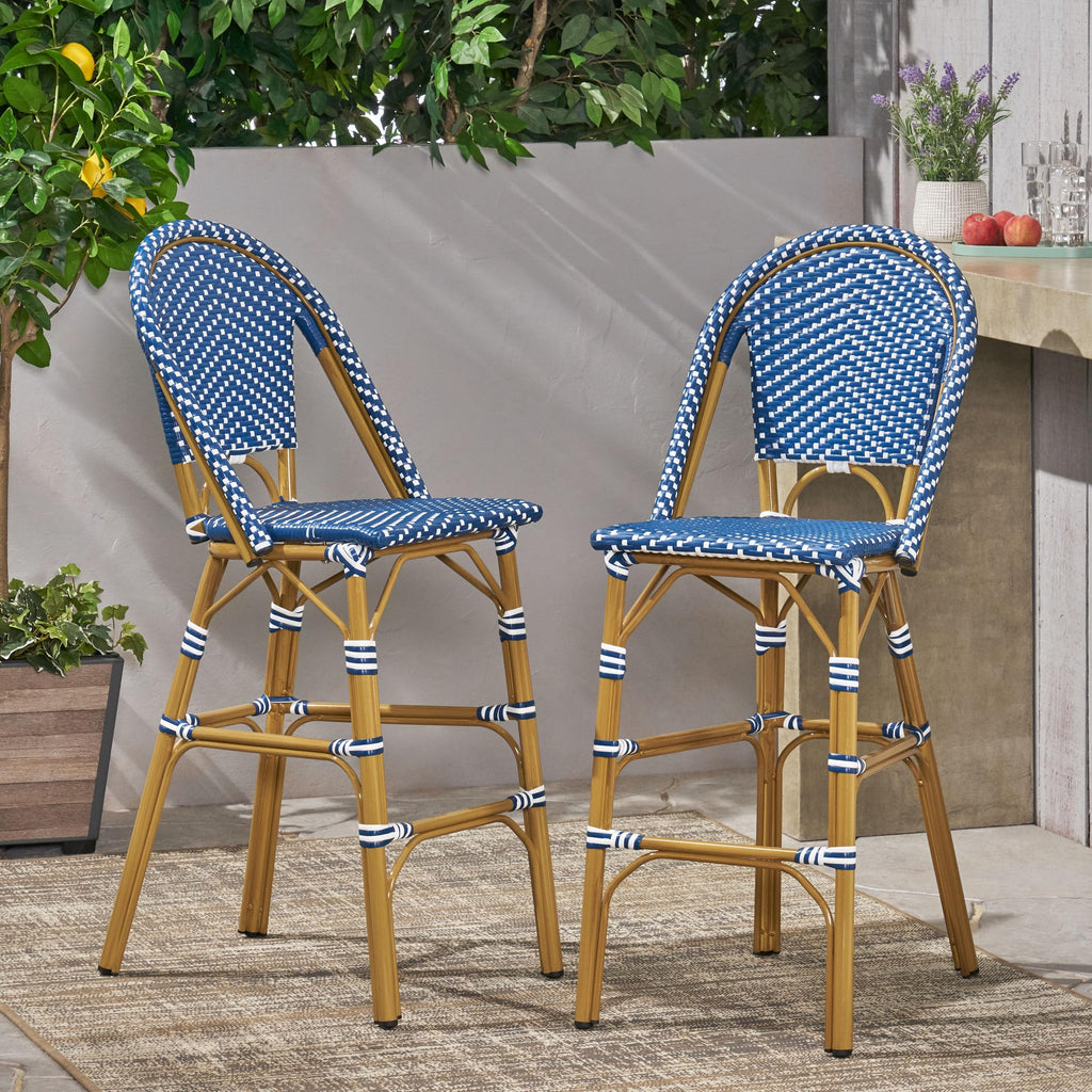 29.5" Outdoor PE Rattan Bar Stool, Dark Teal and White, Set of 2 K4432