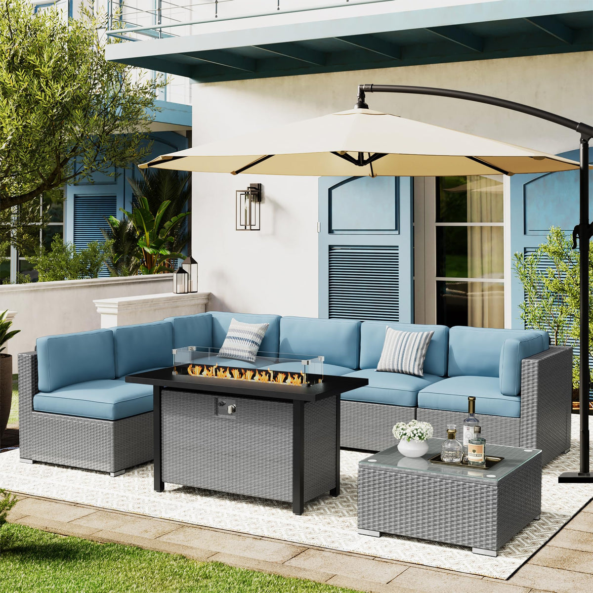 8 Piece Grey PE Wicker Patio Sectional Sofa Set with Fire Pit Table H25597