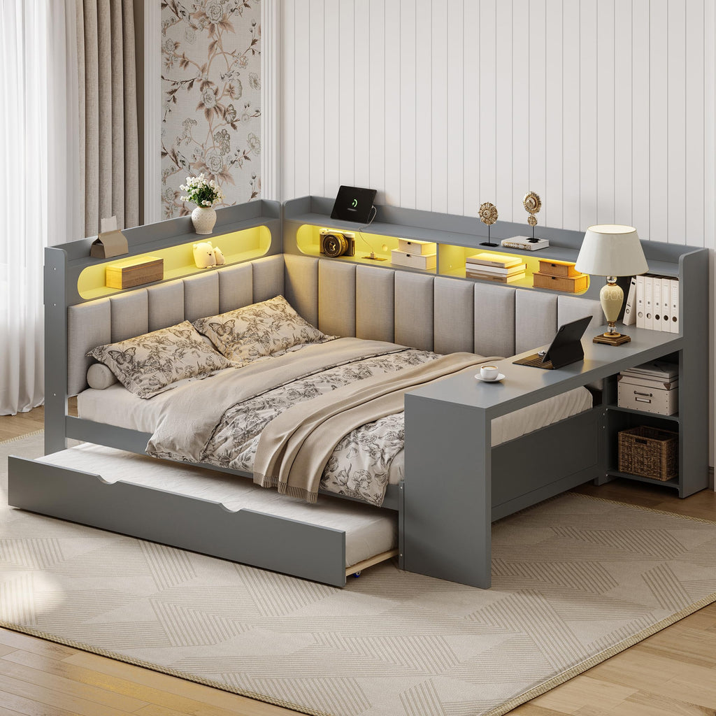 Grey Full Size L-Shaped Corner Bed with Trundle and Desk R53895