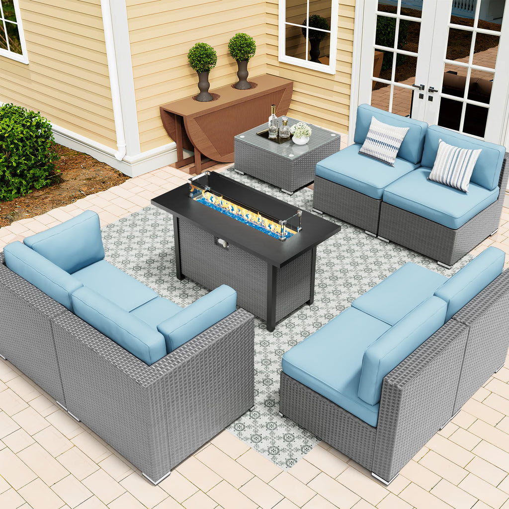 8 Piece Grey PE Wicker Patio Sectional Sofa Set with Fire Pit Table H25597