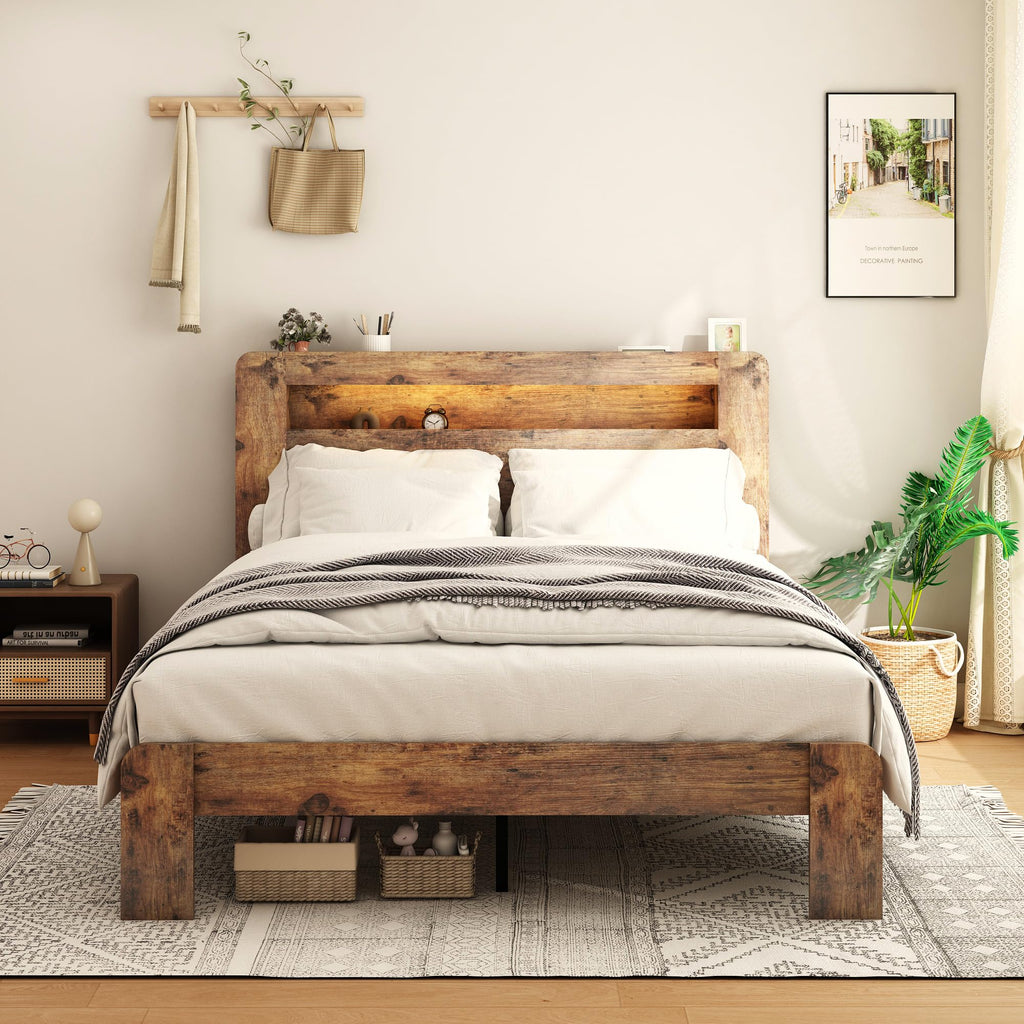 Full Size Dark Brown Wood Platform Bed Frame with Storage A561562