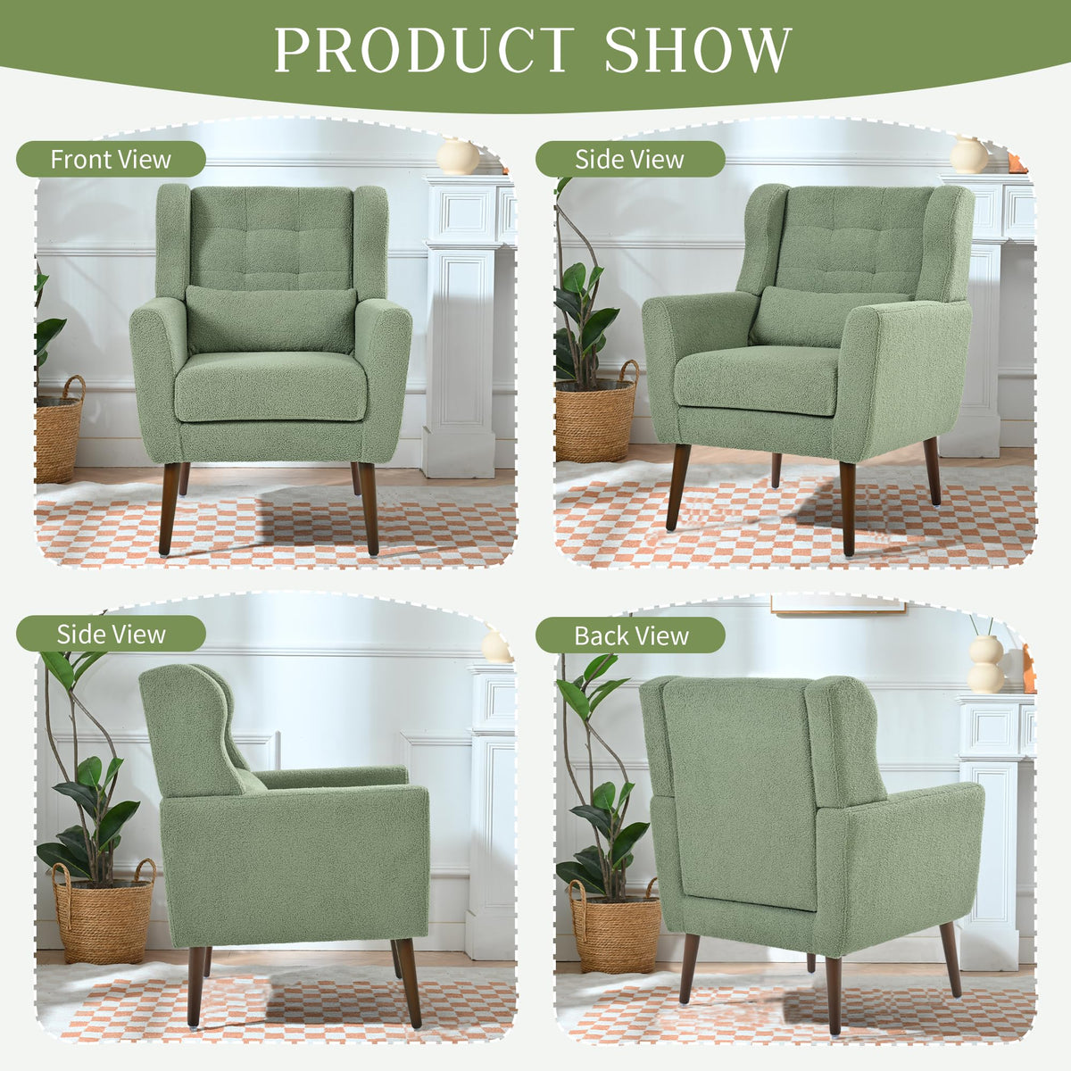 Green Teddy Upholstered Armchair Set of 2 with Lumbar Pillow G3395